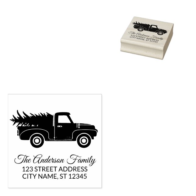 Elegant Merry Christmas truck and tree Rubber Stamp (Stamped)