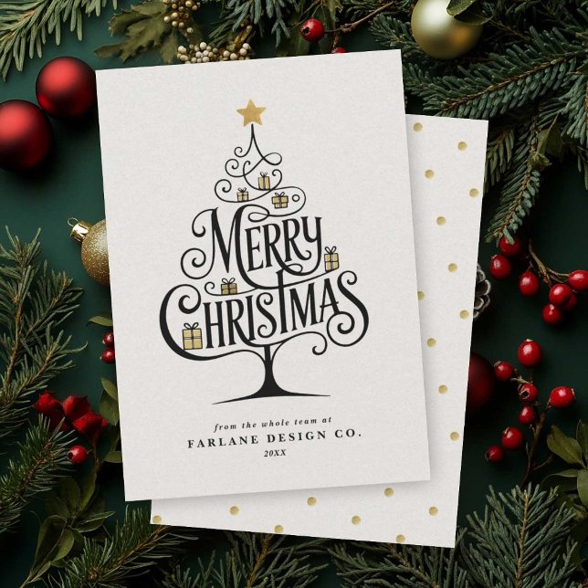 Elegant “Merry Christmas” Typography Tree Business Holiday Card (Business holiday mail with a swirling “Merry Christmas” script tree)