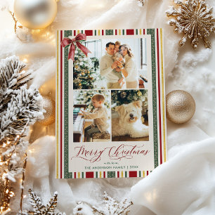 Elegant Merry Christmas Vintage Stripes Bow Photo Holiday Card