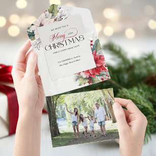 Elegant Merry Christmas Watercolor Botanical All In One Invitation
