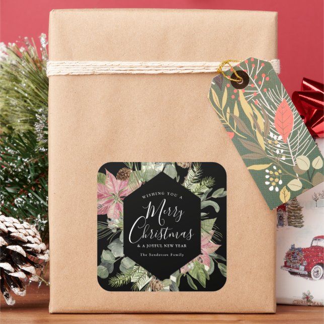 Elegant Merry Christmas Watercolor Floral Greenery Square Sticker (Holiday)