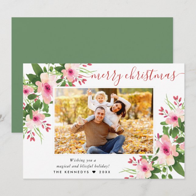 Elegant Merry Christmas Watercolor Floral Photo  Holiday Card (Front/Back)