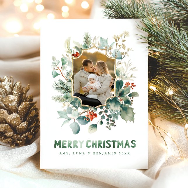 Elegant Merry Christmas Watercolor Greenery  Holiday Card (Creator Uploaded)