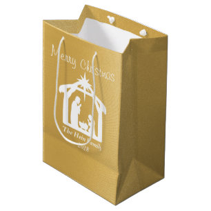 Elegant Merry Christmas White Gold Nativity Medium Gift Bag
