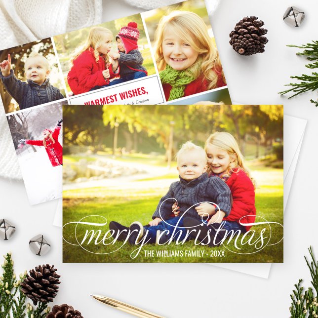 Elegant Merry Christmas White Script Photo Collage Holiday Card (Creator Uploaded)