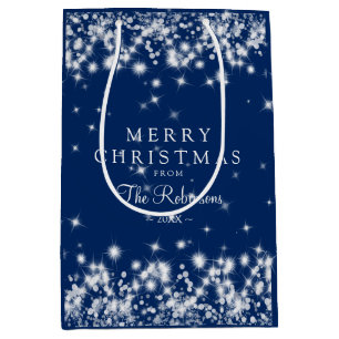 Elegant Merry Christmas Winter Sparkle Navy Blue Medium Gift Bag