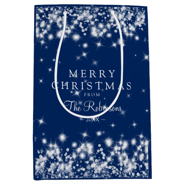 Elegant Merry Christmas Winter Sparkle Navy Blue Medium Gift Bag (Front)