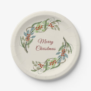 Elegant Merry Christmas Wreath Botanical Paper Plate