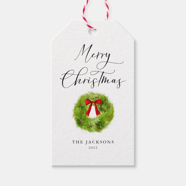 Elegant Merry Christmas Wreath  Gift Tags (Front)