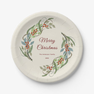 Elegant Merry Christmas Wreath Personalised Name Paper Plate