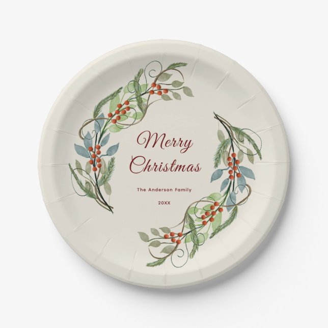 Elegant Merry Christmas Wreath Personalised Name Paper Plate (Front)