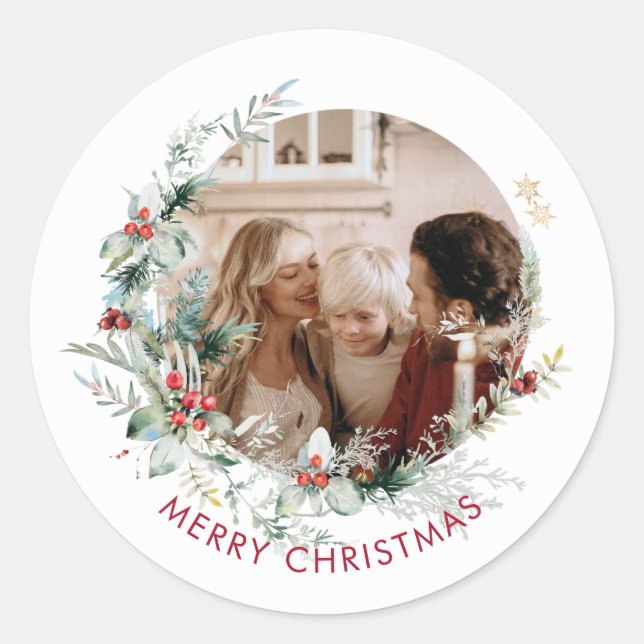 Elegant Merry Christmas wreath photo  Classic Roun Classic Round Sticker (Front)