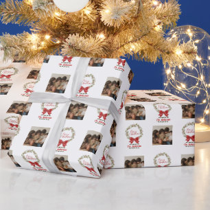 Elegant Merry Christmas Wreath Red Bow Photo Wrapping Paper