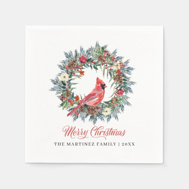 Elegant Merry Christmas Wreath Red Cardinal Napkin (Front)