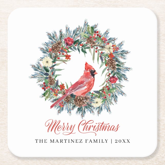 Elegant Merry Christmas Wreath Red Cardinal Square Paper Coaster (Front)