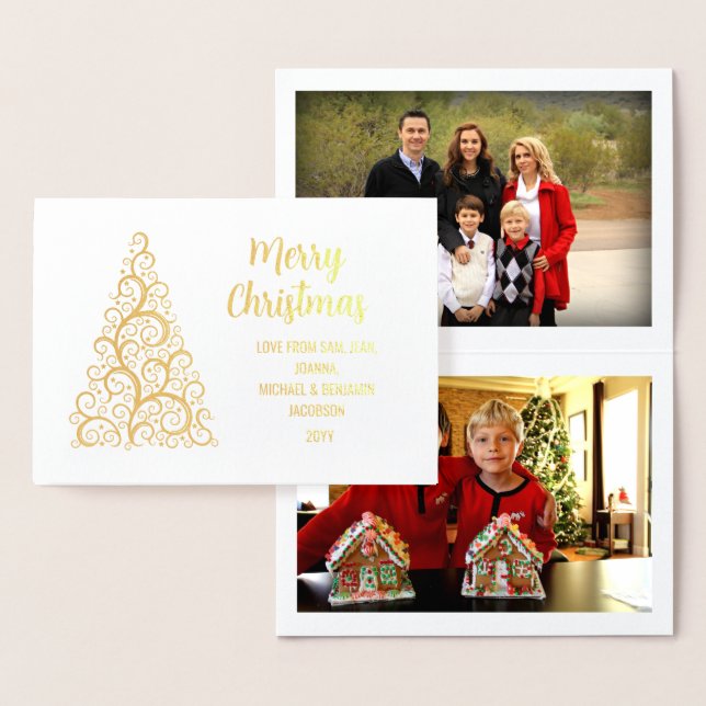 Elegant Merry Christmas Xmas Tree 2 Photos Gold Foil Card (Display)