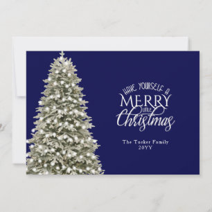 Elegant Merry Little Christmas Tree Blue Plaid Holiday Card