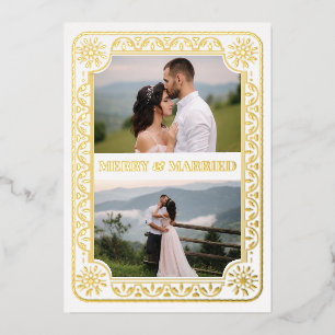 Elegant Merry & Married 2 Photo Gold Custom Foil Holiday Card