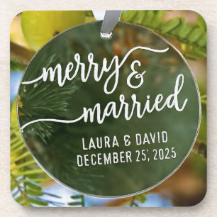 Elegant “Merry & Married” Christmas Ornament Coaster