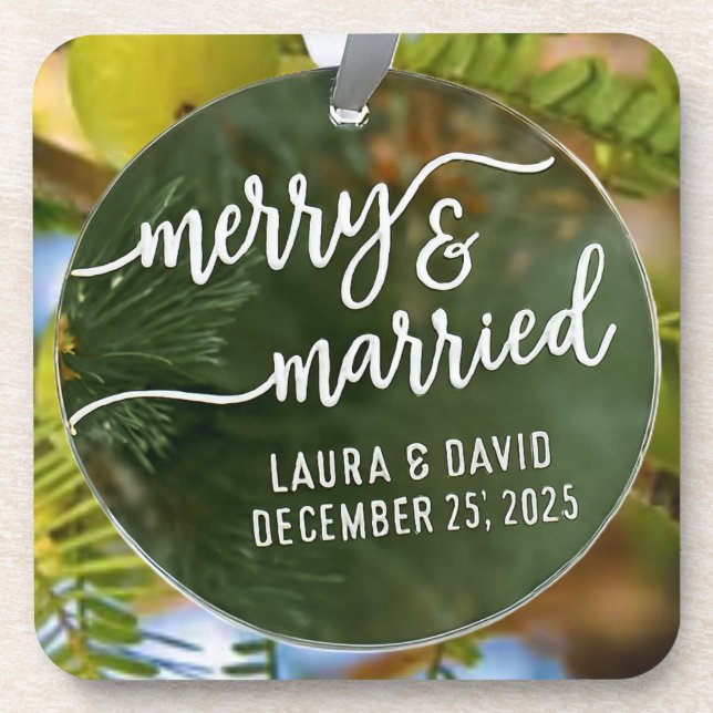 Elegant “Merry & Married” Christmas Ornament Coaster (Front)