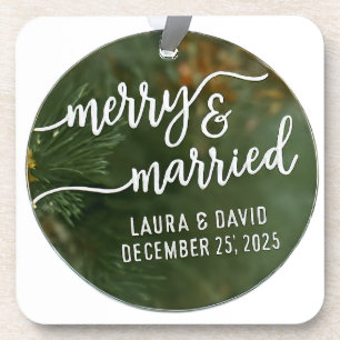 Elegant “Merry & Married” Christmas Ornament Coaster