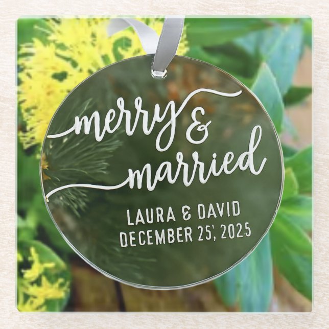 Elegant “Merry & Married” Christmas Ornament Glass Coaster (Front)