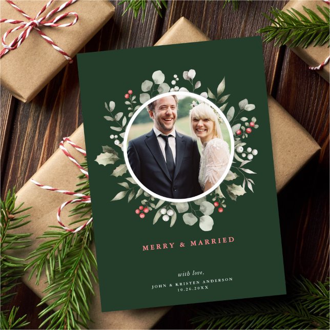 Elegant Merry & Married Greenery Wreath Photo Holiday Card (Creator Uploaded)