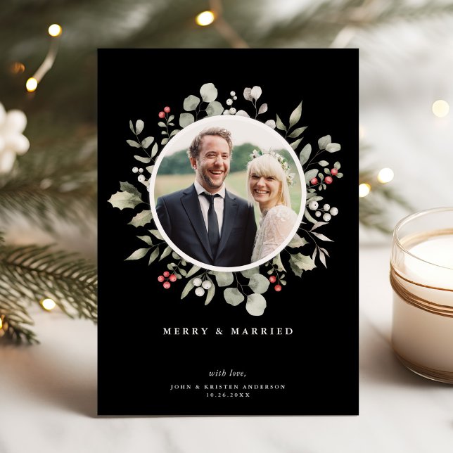 Elegant Merry & Married Greenery Wreath Photo Holiday Card (Creator Uploaded)