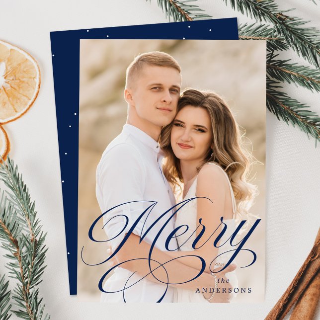 Elegant Merry Navy Calligraphy Script Photo Holiday Card (Creator Uploaded)