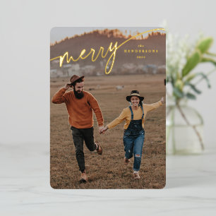 Elegant Merry Typographic Script Foil Holiday Card
