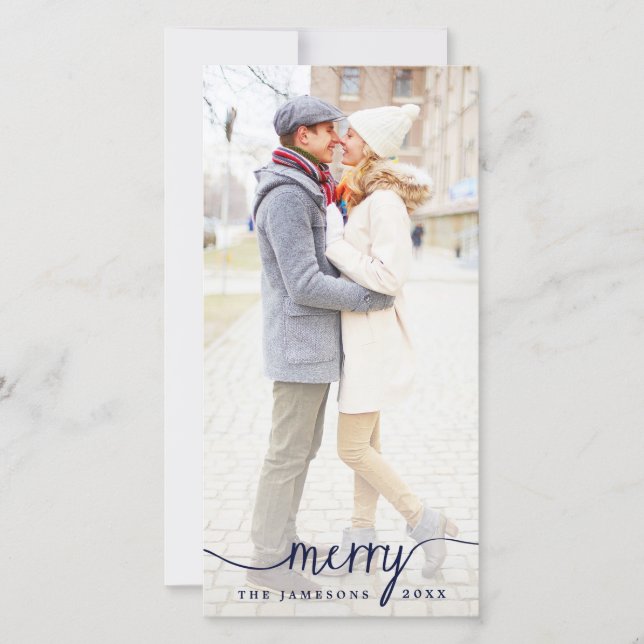 Elegant Merry White Overlay Holiday Photo Card (Front)
