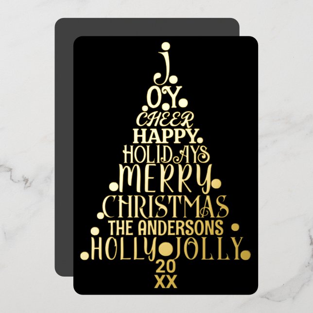 Elegant Merry Word Art Tree Christmas Black Gold Foil Holiday Card (Front/Back)