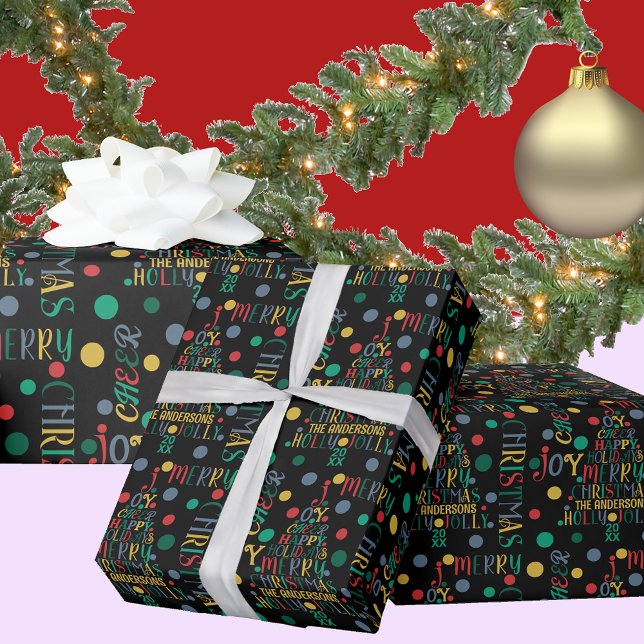 Elegant Merry Word Art Tree Colourful Black Fun Wrapping Paper (Creator Uploaded)