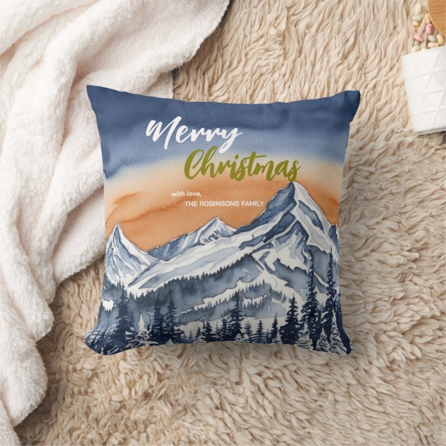 Elegant Merry xmas pine trees Snow script Holiday Cushion (Blanket)