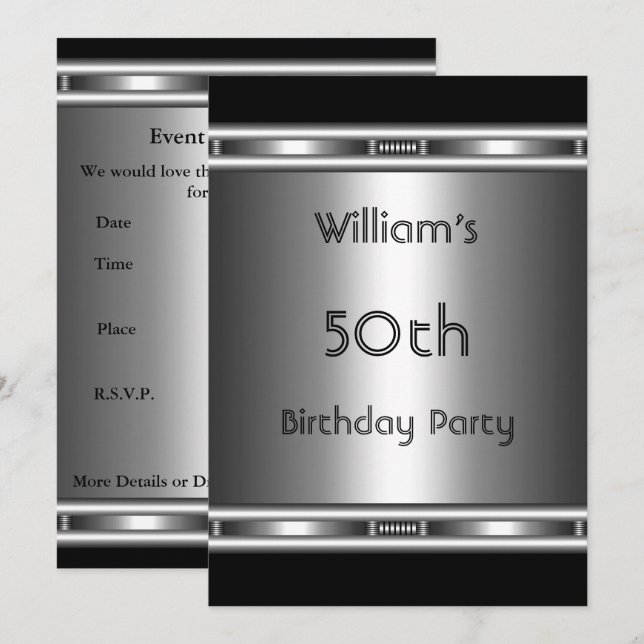 Elegant metal Look Silver Black 50th Birthday Mens Invitation (Front/Back)