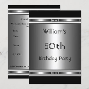 Elegant metal Look Silver Black 50th Birthday Mens Invitation