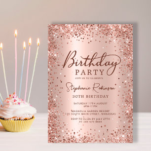 Elegant Metal Rose Gold Glitter 30th Birthday  Invitation