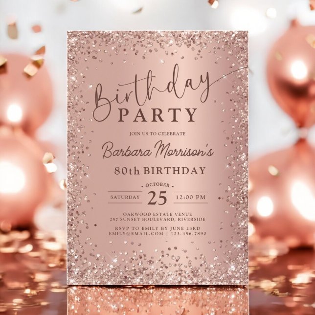 Elegant Metal Rose Gold Glitter 80th Birthday Chic Invitation (Creator Uploaded)