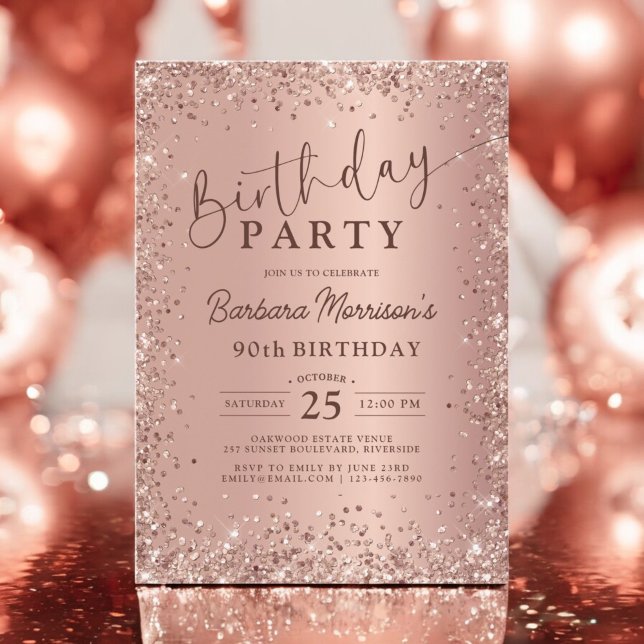 Elegant Metal Rose Gold Glitter 90th Birthday Chic Invitation (Creator Uploaded)