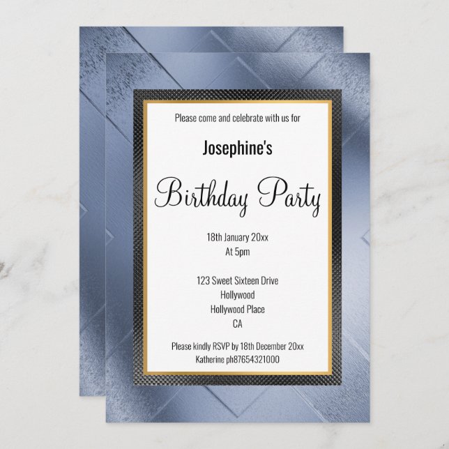 ELEGANT METALLIC BLUE GOLD PATTERN BIRTHDAY INVITATION (Front/Back)