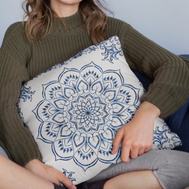 Elegant Metallic Blue Mandala Decorative Cushion (Creator Uploaded)