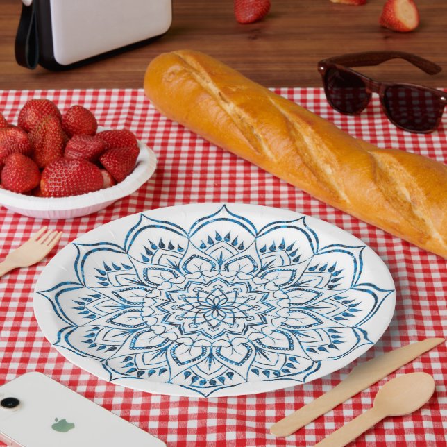Elegant Metallic Blue Mandala Decorative Paper Plate (Picnic)