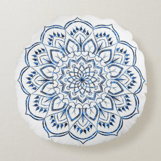 Elegant Metallic Blue Mandala Decorative Round Cushion