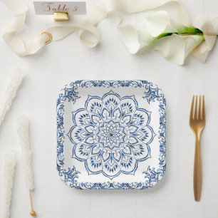 Elegant Metallic Blue Mandala Paper Plate