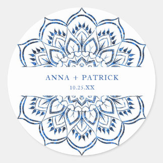 Elegant Metallic Blue Mandala Personalised Classic Round Sticker