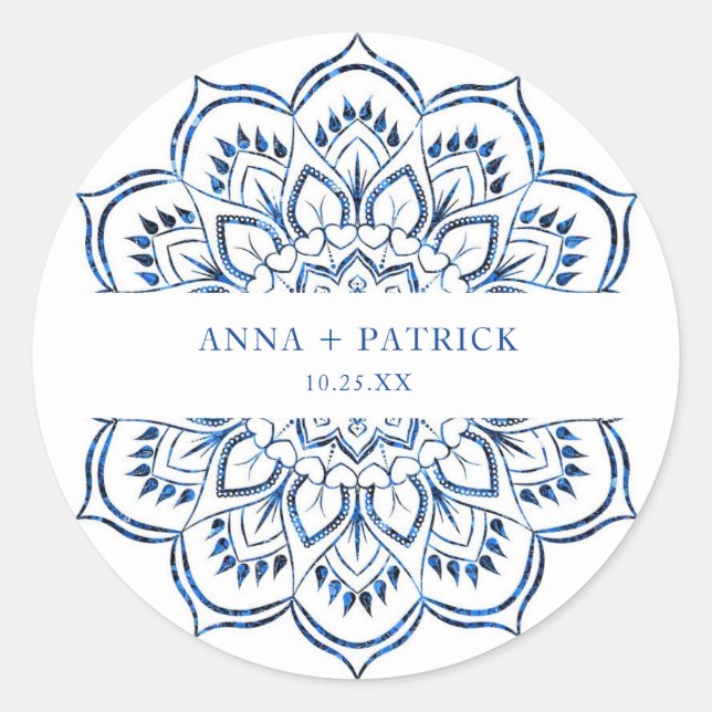 Elegant Metallic Blue Mandala Personalised Classic Round Sticker (Front)