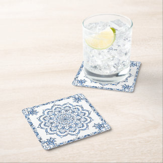 Elegant Metallic Blue Mandala Square Paper Coaster