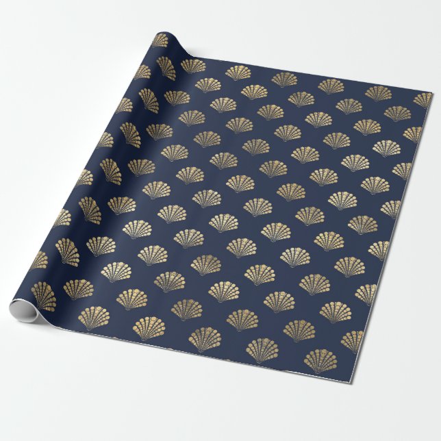 Elegant Metallic Gold and Blue Under The Sea Shell Wrapping Paper (Unrolled)
