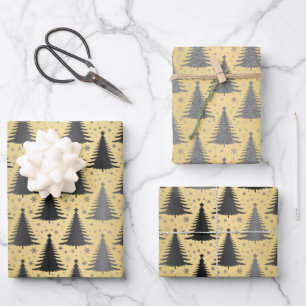 Elegant Metallic Gold Black Christmas Tree Pattern Wrapping Paper Sheet