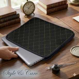 Elegant Metallic Gold Box Stripe Black Laptop Sleeve
